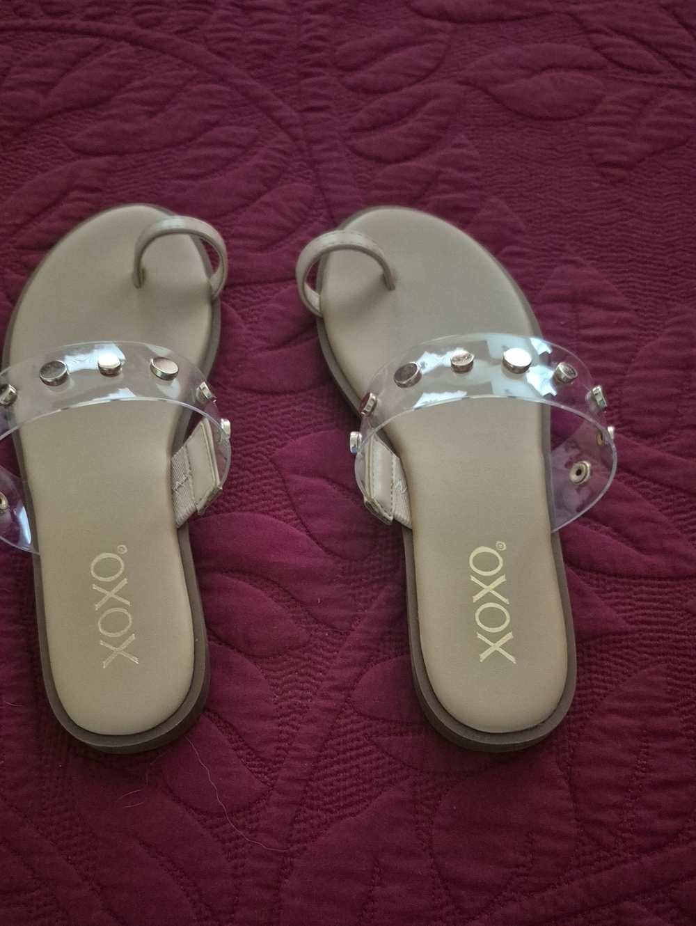NWOT XOXO Clear Jeweled Strap Nude-Taupe Slide Sandals